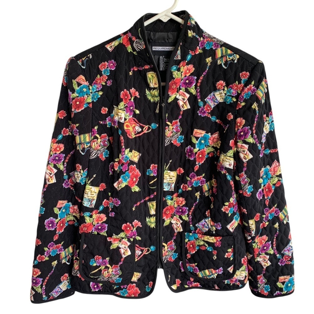 Requirements Quilted Jacket Womens Size 8 Black Floral Print Full Zip up
